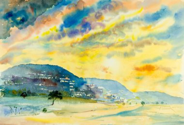 Watercolor landscape paintings colorful of village on mountain, cornfield with meadow and emotion in blue sky background. Original painting