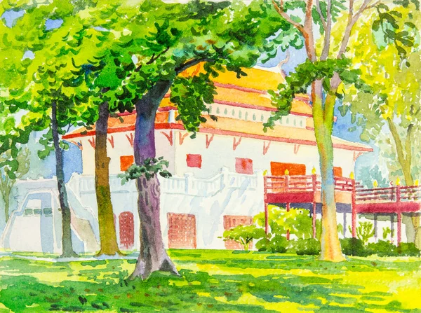 Watercolor Landscape Original Painting Colorful Trees Temple Beautiful Sunlight Green — Zdjęcie stockowe