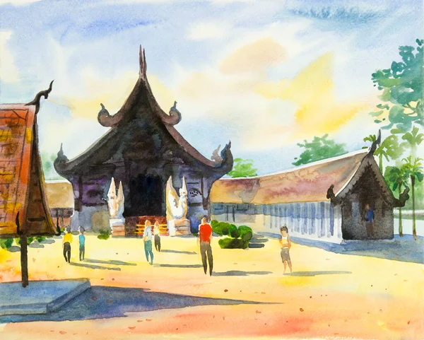 Watercolor Landscape Original Painting Colorful Architecture Ancient Temple Beautiful Sunlight — стоковое фото