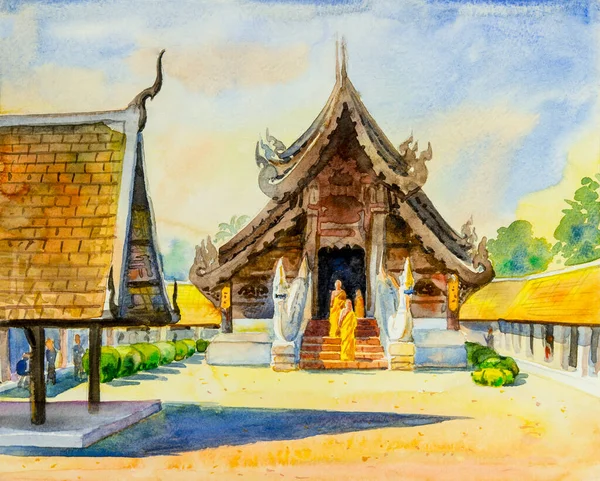 Watercolor Landscape Original Painting Colorful Architecture Ancient Temple Beautiful Sunlight — Stok fotoğraf