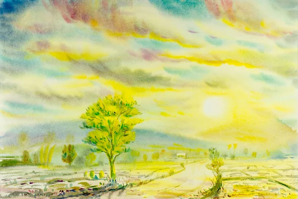 Watercolor Landscape Original Paintings Colorful Rice Field Mountain Sunrise Emotion — Stok fotoğraf