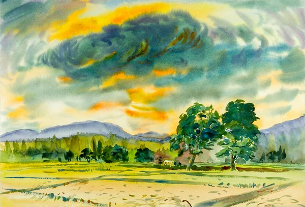 Watercolor Landscape Original Paintings Colorful Clouds Rice Field Mountain Emotion — Stok fotoğraf