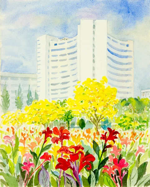 Watercolor original paintings landscape colorful of flowers in garden with building background, illustration
