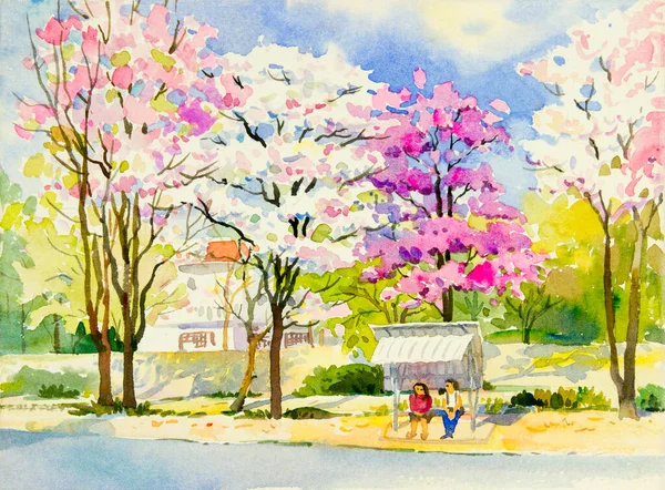 Watercolor Landscape Original Paintings Colorful Spring Flowers Pink White Purple — Fotografia de Stock