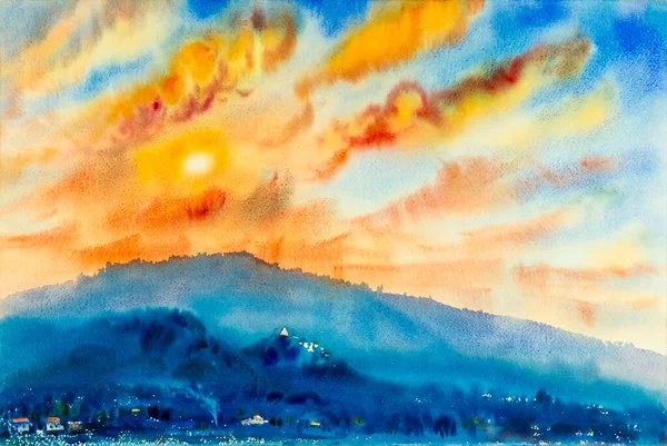 Watercolor Landscape Original Paintings Colorful Mountain Scenery Emotion Sunset Cloud — 스톡 사진