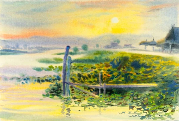 Watercolor landscape original paintings colorful of scenery nature mountain and emotion in sunset background.