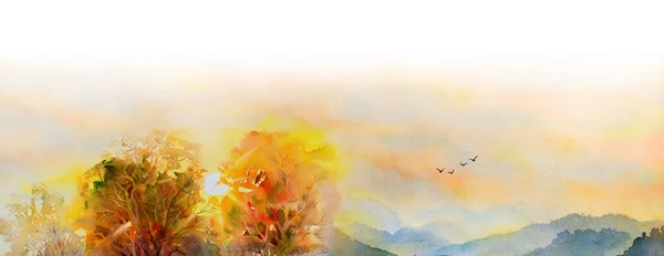 Fantasie Bunte Panorama Hintergrund Aquarell Landschaftsgemälde Auf Papier Sonnenuntergang Vogelschar — Stockfoto