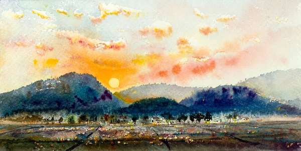 Watercolor landscape paintings colorful mountain range and rice field sunrise, yellow sky cloud background. Painting art spring with autumn seasonal hand painted semi abstract illustration in Asia.