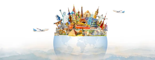 Travel Famous landmarks in the world of Europe, Asia and America. Watercolor landmark painting illustration with airplane, white background. Popular tourist attraction with advertising, poster, card.