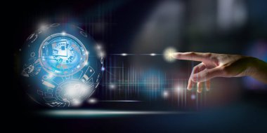 Yeni nesil teknoloji çağı için el teması dijital dönüşüm kavramı, İşadamı el dokunma kodu teknolojisi, IOT, Nesnelerin İnterneti, Yapay Zeka, dijital veri transferi.