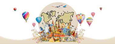 Seyahat işaretleri dünya haritası, uçak, hava balonu. Dünyanın mimari abideleri, panoramik seyahat posterleri, kartpostallar, suluboya resim çizimleri, arka plan....