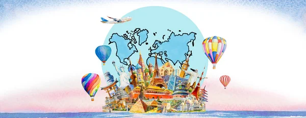 Resor Landmärken Världskarta Och Flygplan Luftballong Arkitektur Monument Världen Turism — Stockfoto
