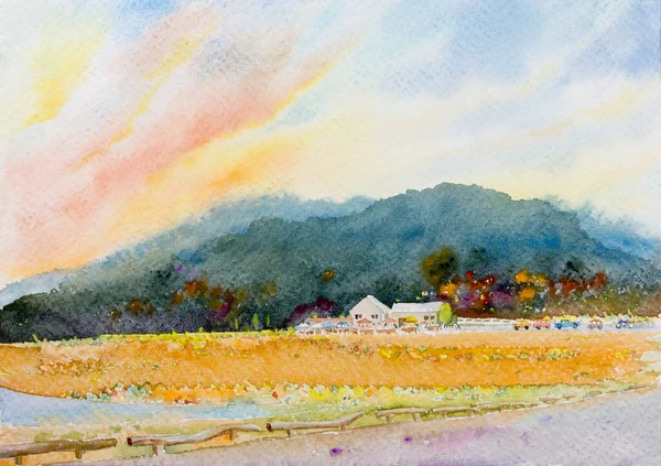 Watercolor landscape original painting on paper colorful of travel Village and resort flower, tree, field farm in mountain with sky background. Hand painted illustration beauty nature autumn season.
