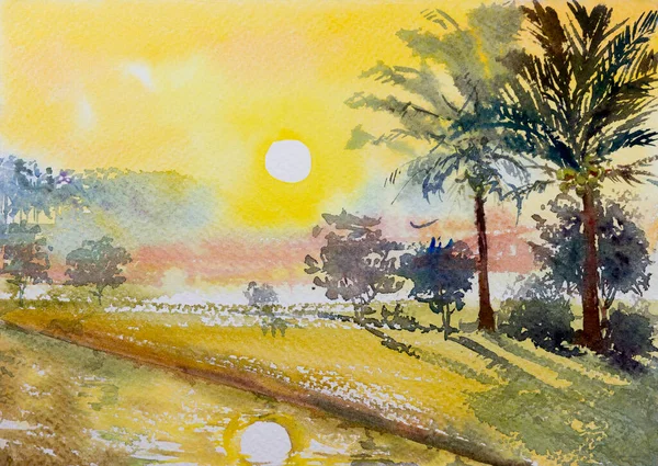 Akvarell Landskap Ursprungliga Målning Papper Färgglada Sol Och Blomma Träd — Stockfoto