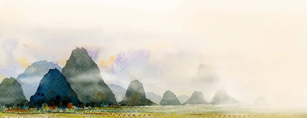 Paesaggio Acquerello Pittura Panorama Colorato Bella Collina Montagna Nebbiosa Alberi — Foto Stock