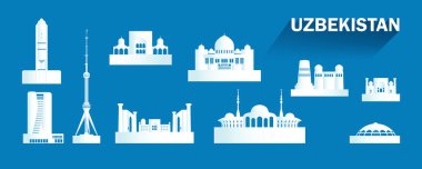 Özbekistan 'da mavi arka planda izole edilmiş siluet mimarisi, Özbekistan mimari ikonu ve Taşkınlık simgesi ile Taşkent' e broşür, reklam, şablon için seyahat işaretleri.