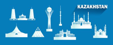 Mavi arka planda izole edilmiş siluet mimarisi, Kazakistan mimari ikonu ve Astana 'ya turne simgesi olan seyahat işaretleri broşür, reklam ve şablon için Astana' ya.