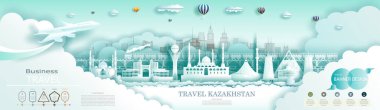 Reklam broşürü Kazakistan dünyanın en iyi modern gökdeleni ve ünlü şehir mimarisi. Infographics ile reklam için modern iş broşürü tasarımı. Kazakistan tarihi turu.