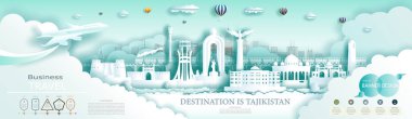 Tajikistan 'ın dünyanın en iyi modern gökdeleni ve ünlü şehir mimarisi reklam broşürü. Infografiklerle reklam için modern iş broşürü tasarımı. Tacikistan tarihi turu.