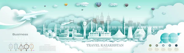 Reklam broşürü Kazakistan dünyanın en iyi modern gökdeleni ve ünlü şehir mimarisi. Infographics ile reklam için modern iş broşürü tasarımı. Kazakistan tarihi turu.