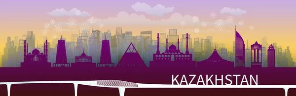 Landmärken Kazakstan Med Siluett Arkitektur Lila Bakgrund Kazakstan Dag Jubileum — Stock vektor