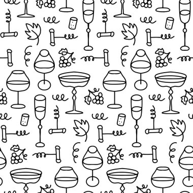 Seamless hand drawn pattern with wine, glasses and corkscrews. Beverage vector background in doodle linear style. vector Seamless hand drawn pattern with wine, glasses and corkscrews. Beverage vector background in doodle linear style. vector