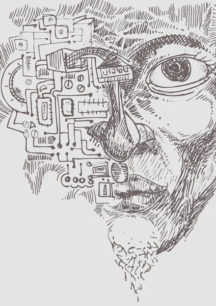 Dibujo de cara a mano con circuito electrónico — Archivo Imágenes Vectoriales