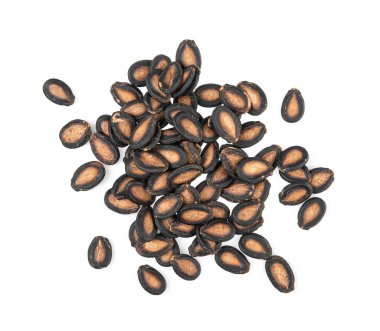 Beyaz arka plan üzerinde izole karpuz tohumu. Üstten Görünüm