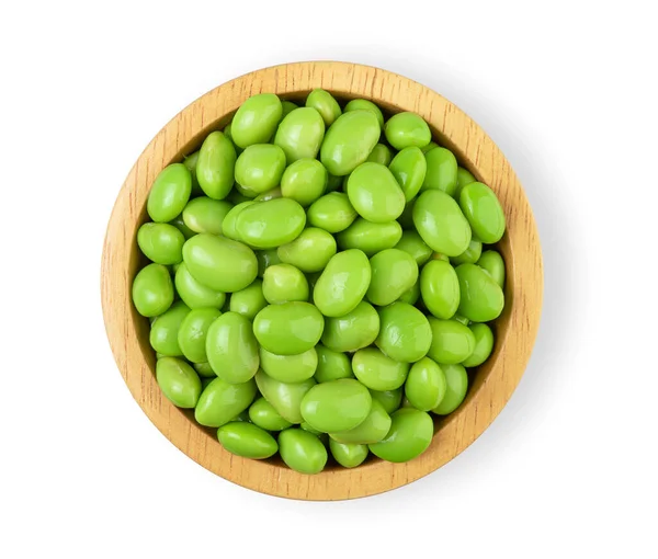 Green Soy Beans Wooden Cup Isolated White Background Top View — 图库照片