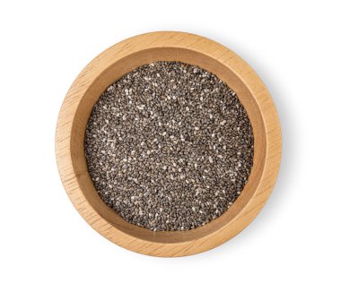 Ahşap kase beyaz arka plan üzerinde izole Chia tohum. Üstten Görünüm
