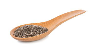 Tahta kaşık ile beyaz arka plan izole Chia tohum.