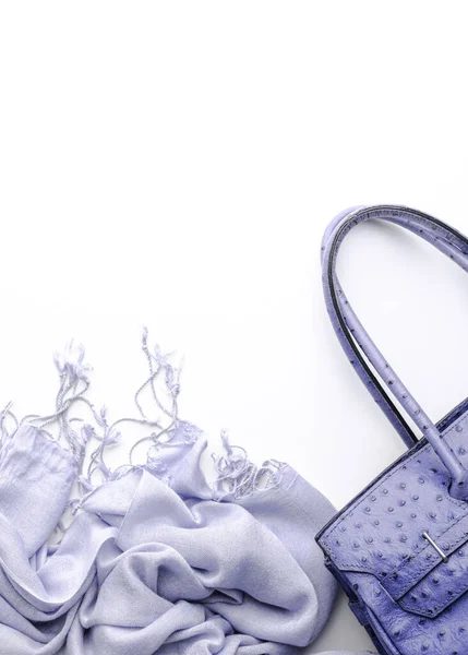 Flache Damenaccessoires Tasche Schal Trendfarbe Auf Weißem Hintergrund Farbe 2022 — Stockfoto