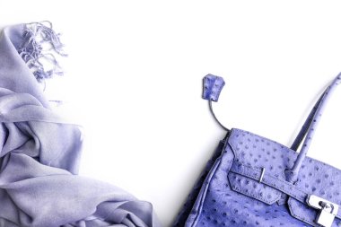 Düz kadın aksesuarları: çanta, eşarp, beyaz arka planda moda renk. Renk 2022, çok canlı.