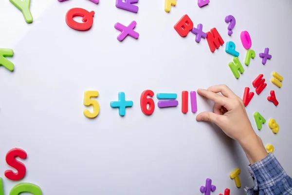 Little Boy Calculating Numbers School Blackboard — стоковое фото