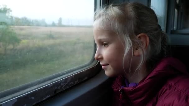 Lány Kinéz Vonat Piszkos Ablakán Mozgásban Nap Ablakon Keresztül Süt — Stock videók