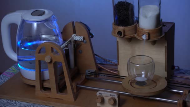 Robot Making Tea Cup Moves Rails Tea Leaves Sugar Added — ストック動画