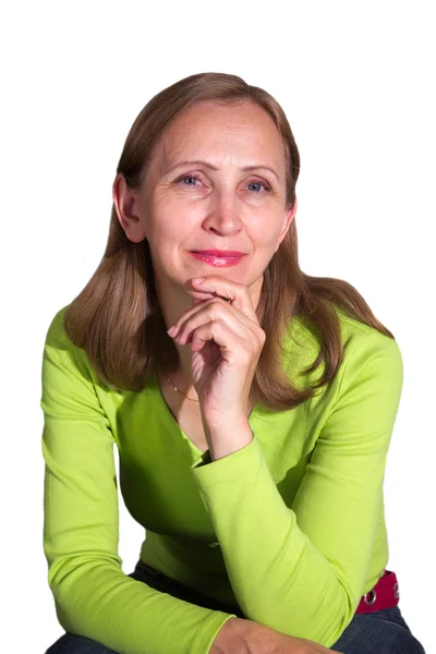 Женщина в зеленой блузке на белом фоне — стоковое фото