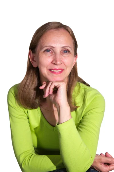 Женщина в зеленой блузке на белом фоне — стоковое фото