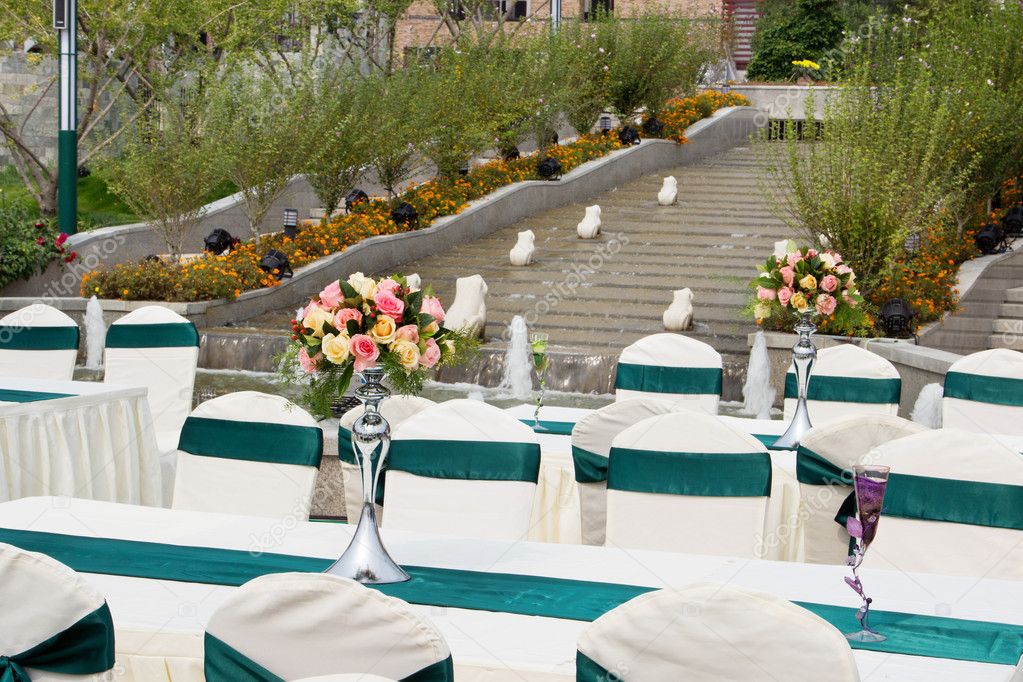 Table settings for wedding or event party outdoor at park