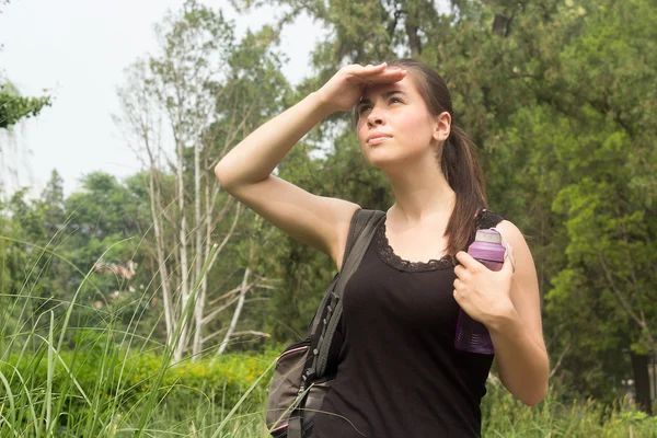 Mochilero mujer de pie en el bosque y mirando al horizonte — Foto de Stock