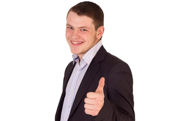ジェスチャを親指で幸せのハンサムな笑みを浮かべて若いビジネスの男 — ストック写真