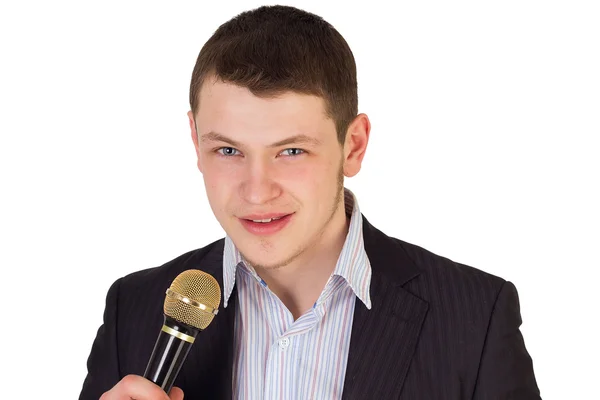 Manreporter con microfono fare domande durante un'intervista Immagini Stock Royalty Free