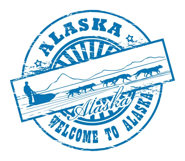 Slitta di cane e nome del francobollo Alaska — Vettoriale Stock