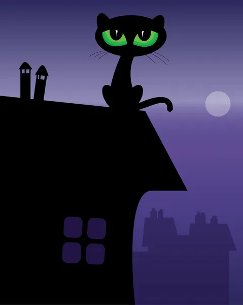 Черная кошка на крыше — стоковый вектор