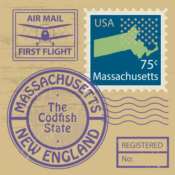 Conjunto de sello de goma Grunge con nombre de Massachusetts — Vector de stock