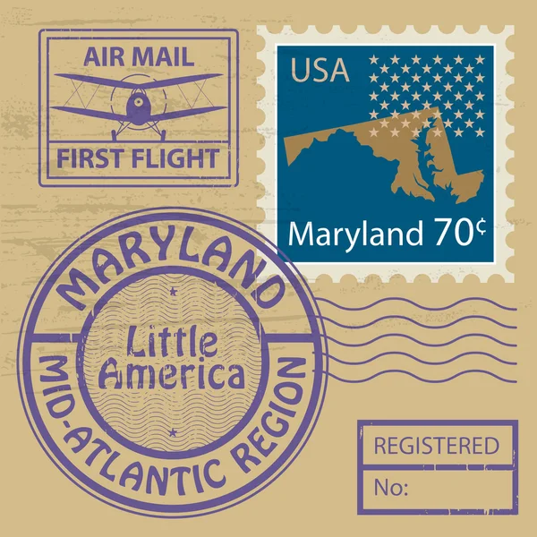 Conjunto de sello de goma Grunge con nombre de Maryland — Archivo Imágenes Vectoriales