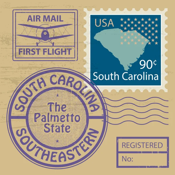 Coffret timbre caoutchouc Grunge avec le nom de Caroline du Sud — Image vectorielle
