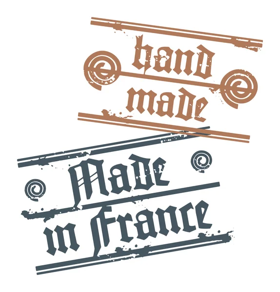 Grunge gumibélyegző a kis csillag, és a szavak kézzel készült, gyártott-ban Franciaország belül — Stock Vector