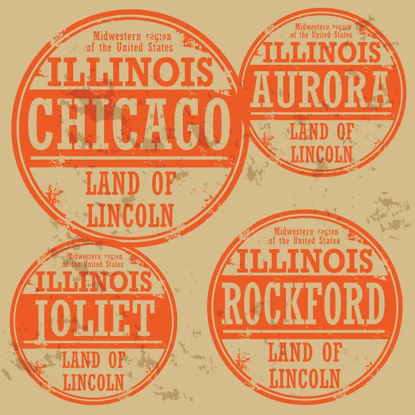 Conjunto de sellos de goma Grunge con nombres de ciudades de Illinois — Vector de stock