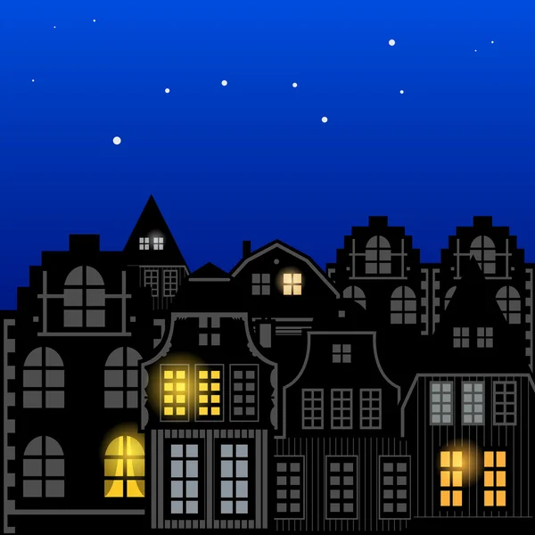 Ciudad y cielo nocturno con estrellas — Archivo Imágenes Vectoriales